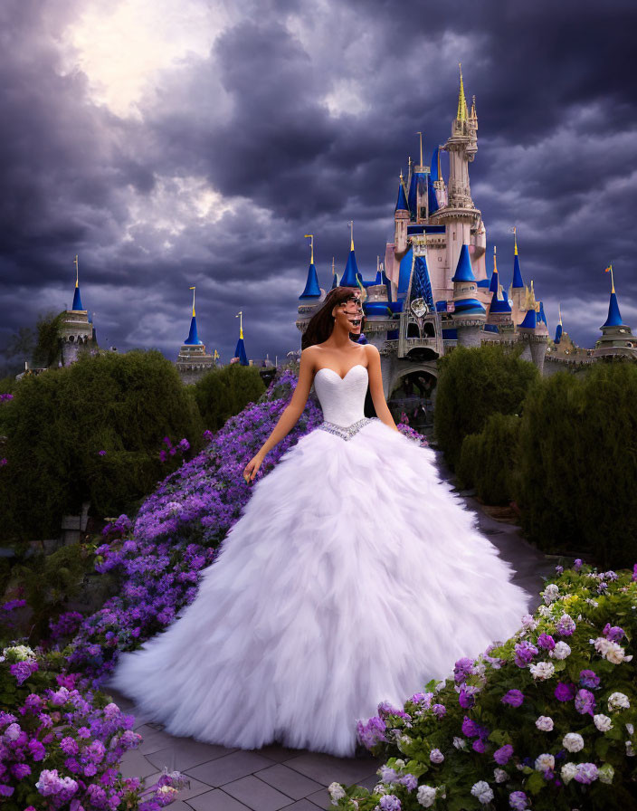 Smiling woman in white wedding dress among purple flowers and fairytale castle