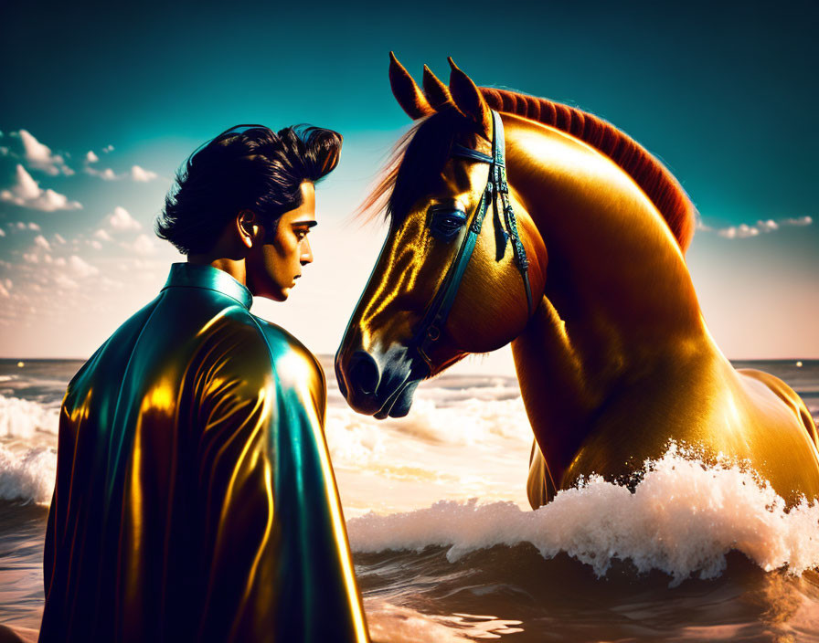 Man in teal jacket with horse against ocean backdrop