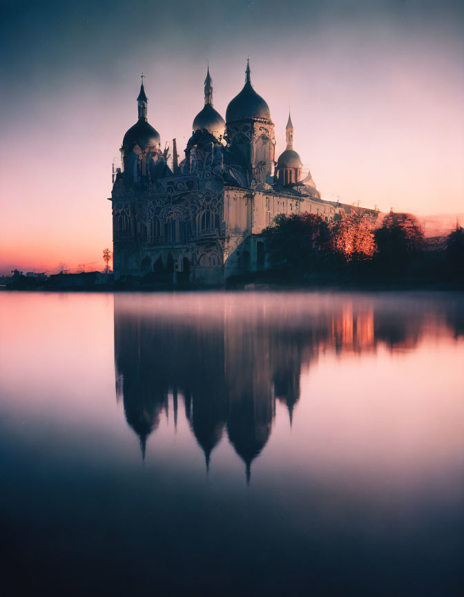 Majestic multi-domed cathedral reflected in serene dusk scene