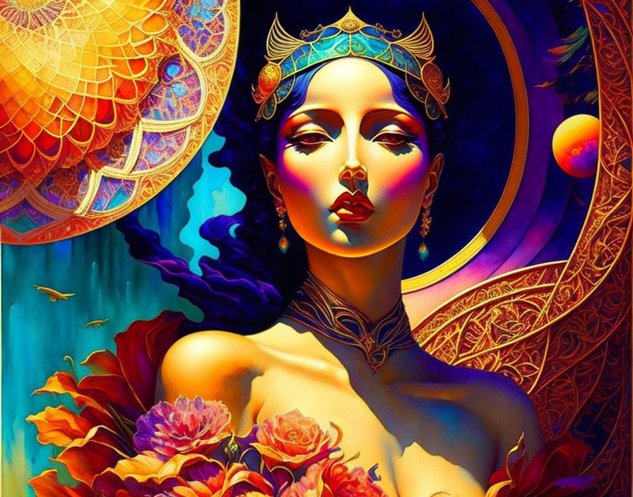 Colorful Artwork of Stylized Woman with Headpiece & Intricate Patterns