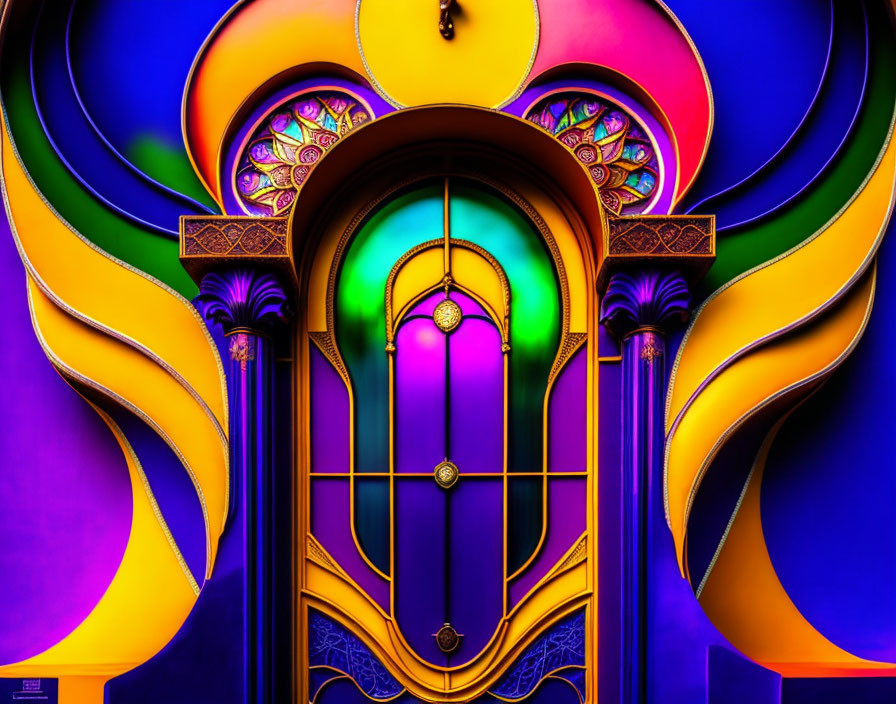 Colorful ornate door with purple hues, gold detailing, and Art Nouveau stained glass accents.