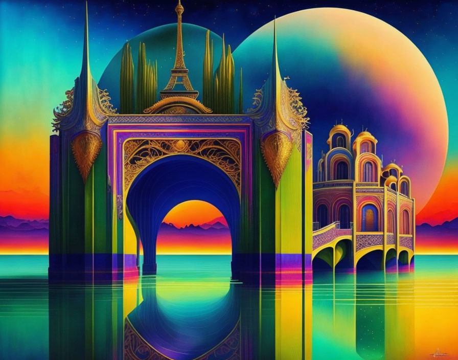 Surreal landscape with archway, traditional buildings, giant moon, and colorful sunset