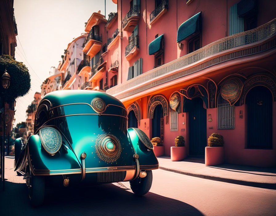 Vintage Teal Car Parked on Street with Pink Buildings