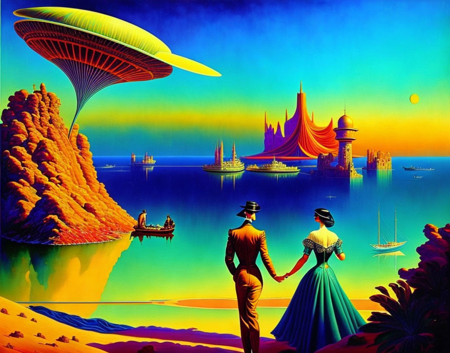 Vintage couple on beach admiring futuristic cityscape at sunset