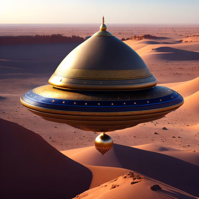 Digital image: Intricate golden UFO over desert landscape