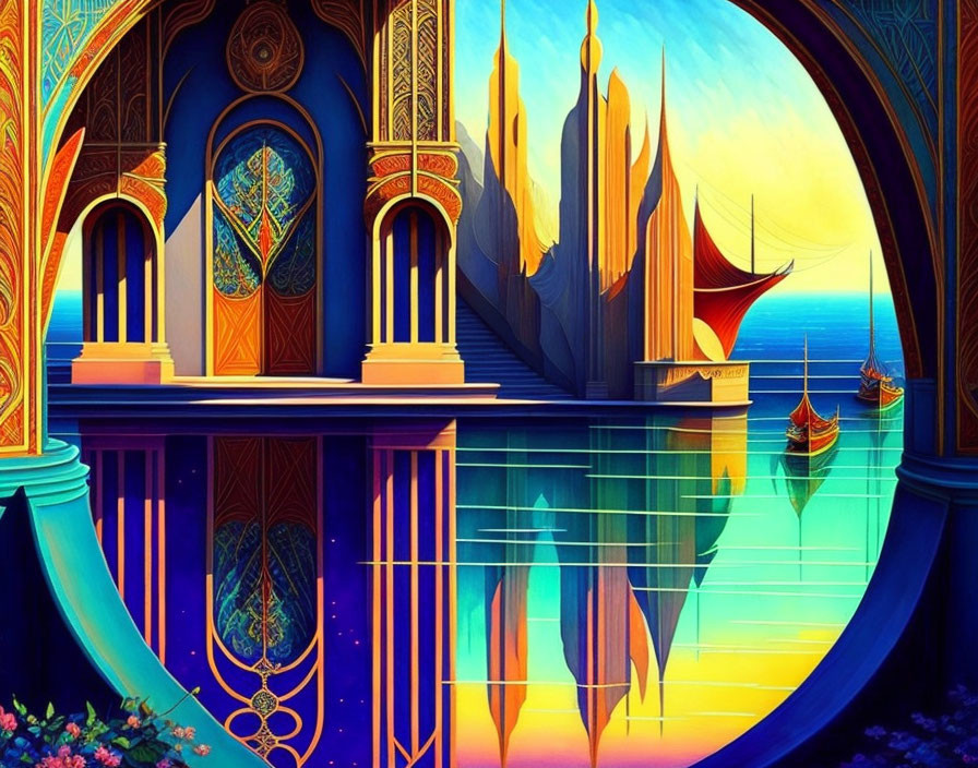 Vivid illustration of fantastical waterfront palace & boats on calm waters