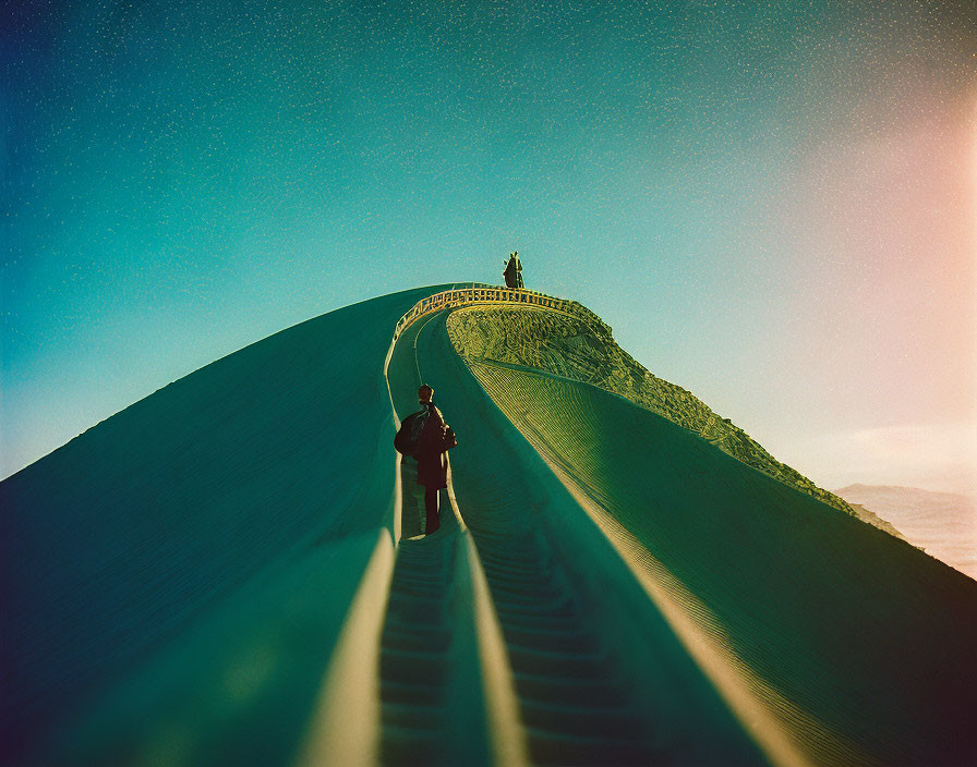 Two people silhouetted on sand dune under starry sky and twilight gradient