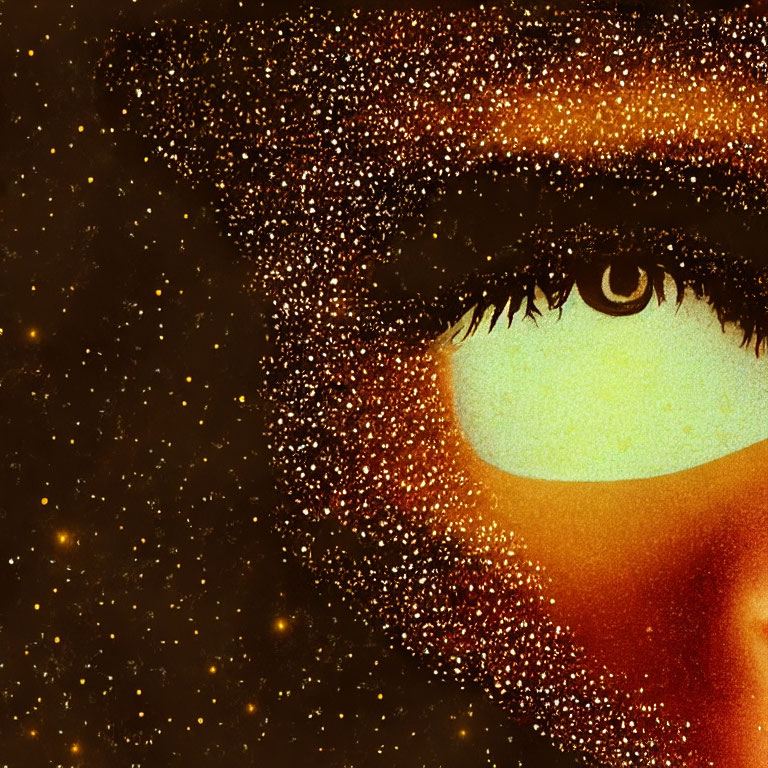 Galaxy-themed human eye with star-like speckles in warm tones