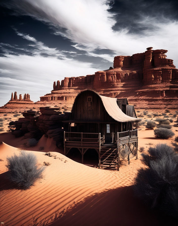 Rustic wooden cabin in red sand dunes with dramatic sky and rock formations