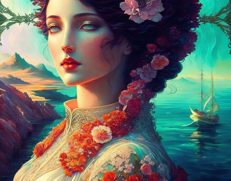 Woman with Floral Adornments by Serene Seascape