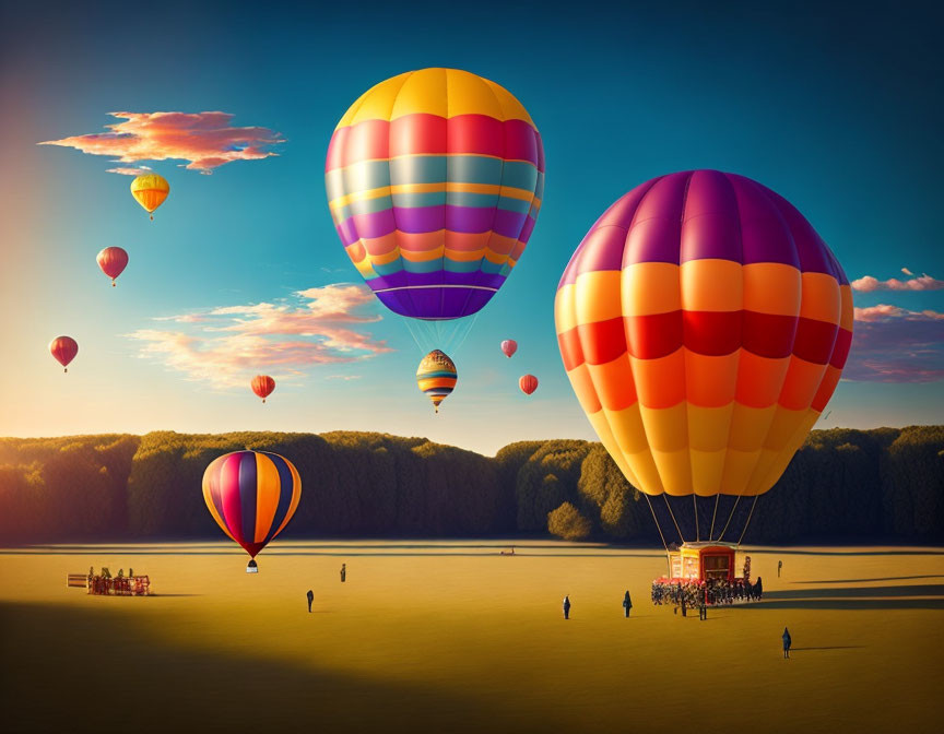 Colorful hot air balloons over tranquil field at sunset