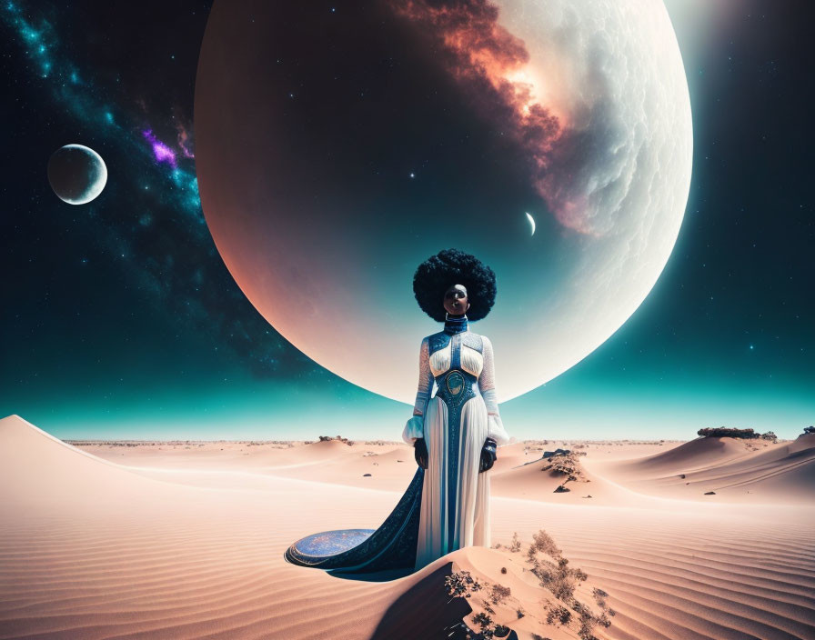 Person standing in desert with celestial bodies in the sky: A surreal sci-fi scene