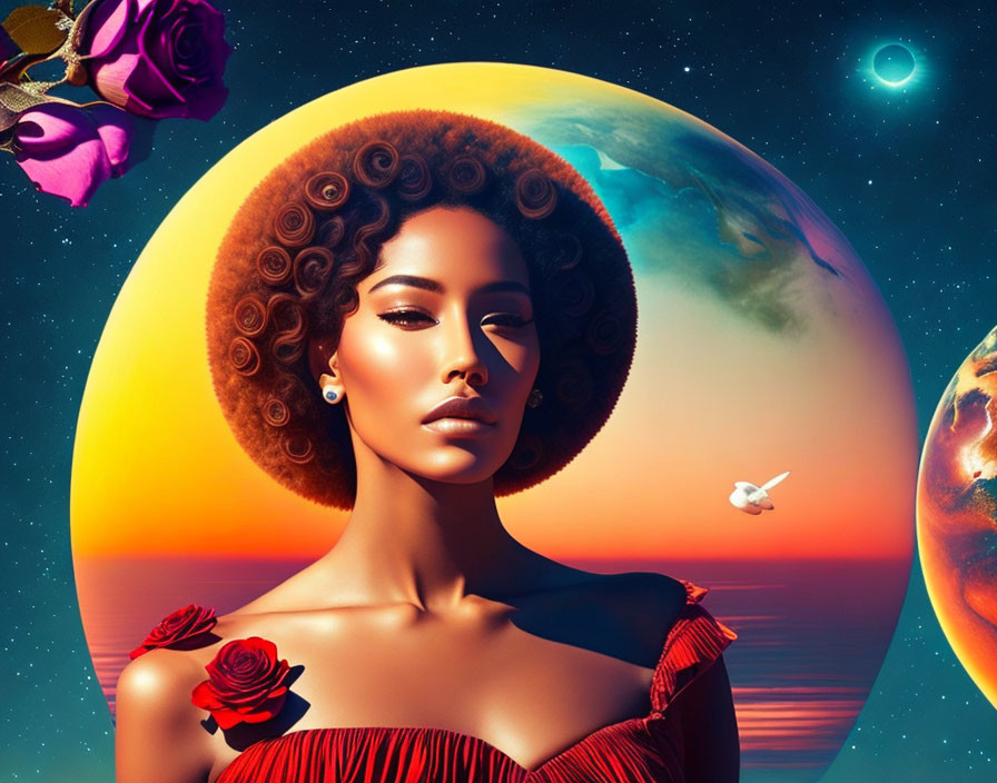 Digital art portrait of woman with afro in fantastical space setting.