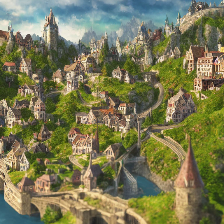 Medieval fantasy village with stone houses, castle, bridges, and greenery