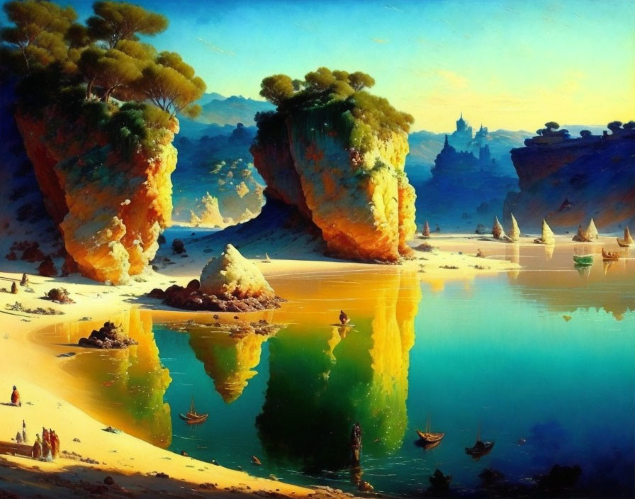 Serene beach painting with orange cliffs and boats