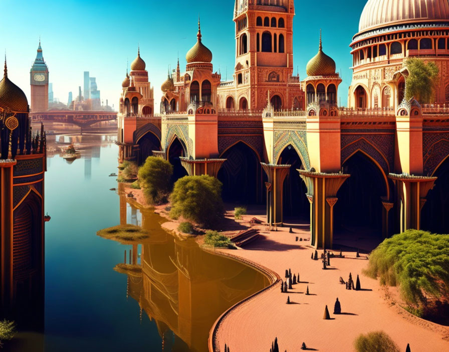 Fantastical cityscape blending Eastern and Western architectural styles under clear blue sky.