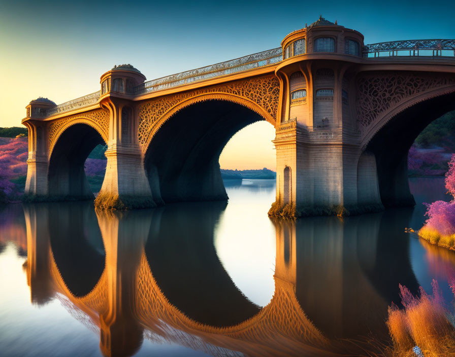 Arched bridge reflected in calm water at sunset with purple foliage.