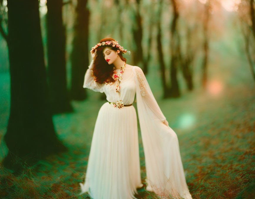 Woman in white dress with floral headpiece in serene forest setting