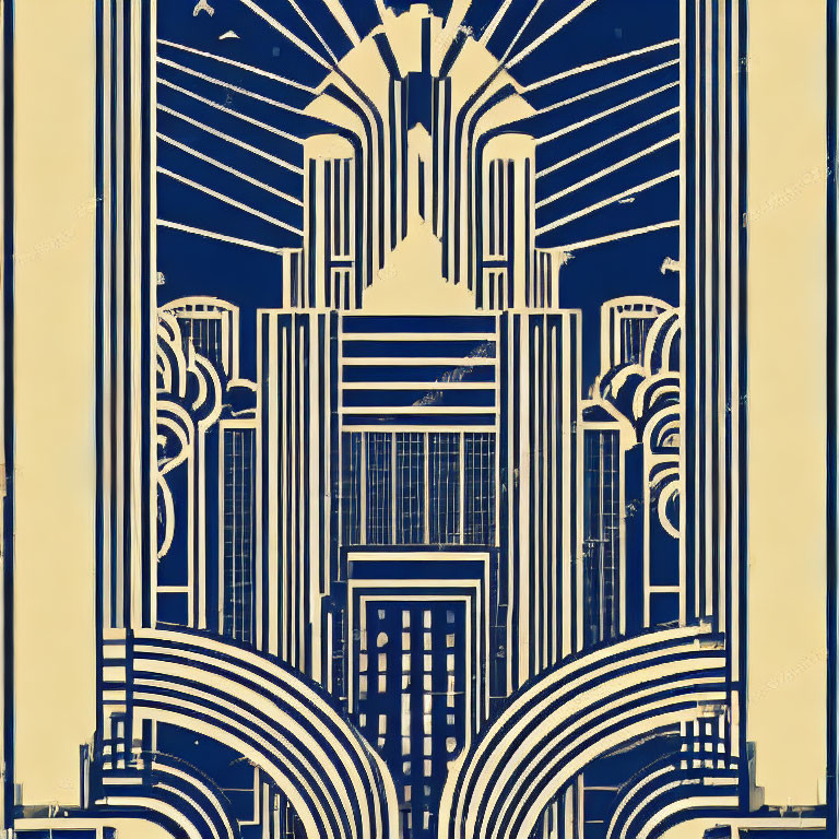 Geometric Art Deco Illustration in Blue and Beige