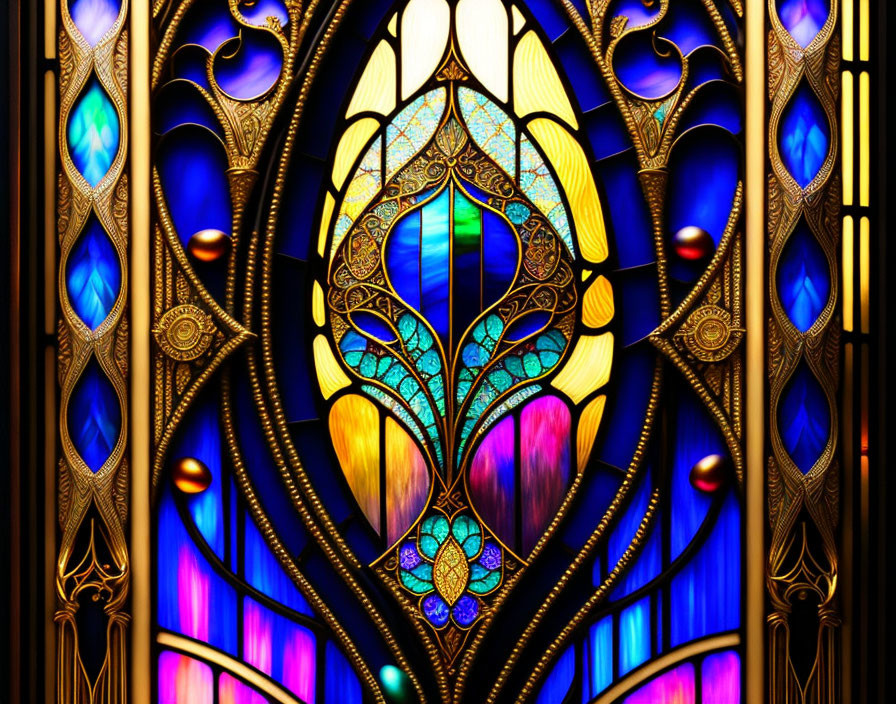 Colorful stained glass window with blue, purple, and golden floral patterns