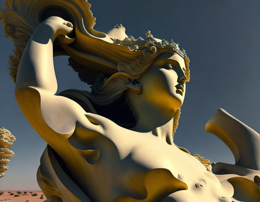 Surreal digital sculpture of woman blending into desert dunes