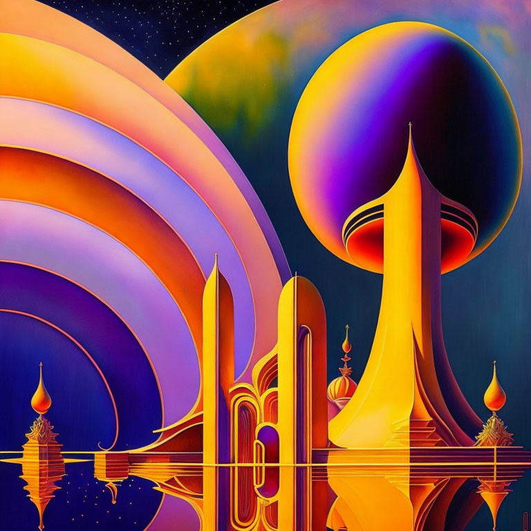 Colorful Surrealist Landscape with Futuristic Buildings and Reflective Water