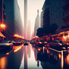 Surreal cityscape with Eiffel Tower, reflective road, vintage cars, ambient lighting