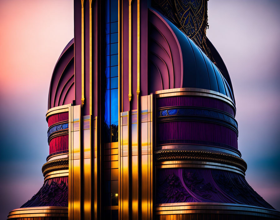 Modern architectural detail: golden vertical elements on purple dome, intricate patterns, dusk sky