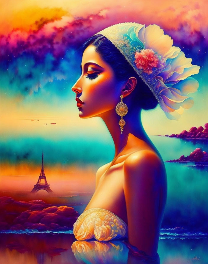 Colorful portrait of woman with headpiece and Eiffel Tower in background