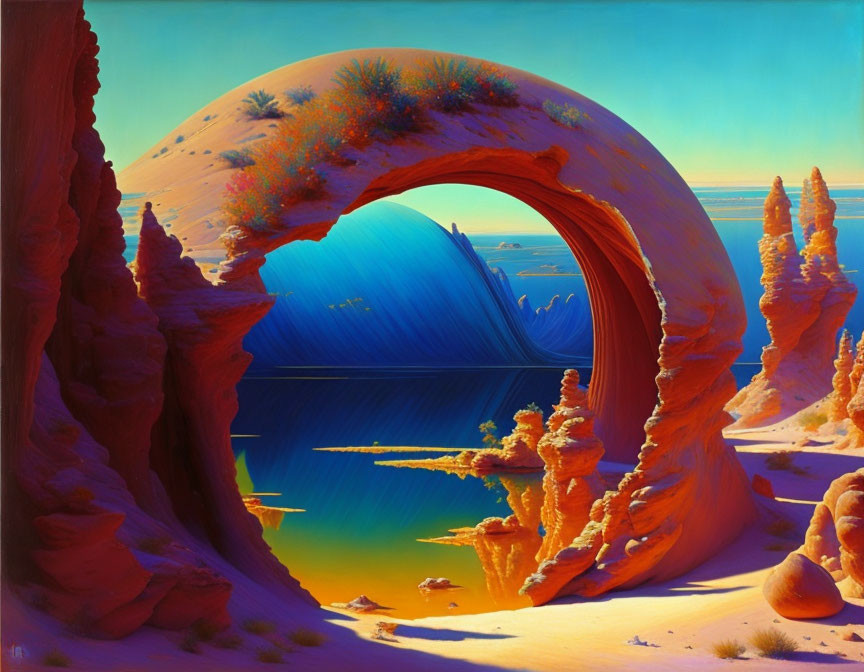 Surreal desert landscape with large archway and orange rock formations