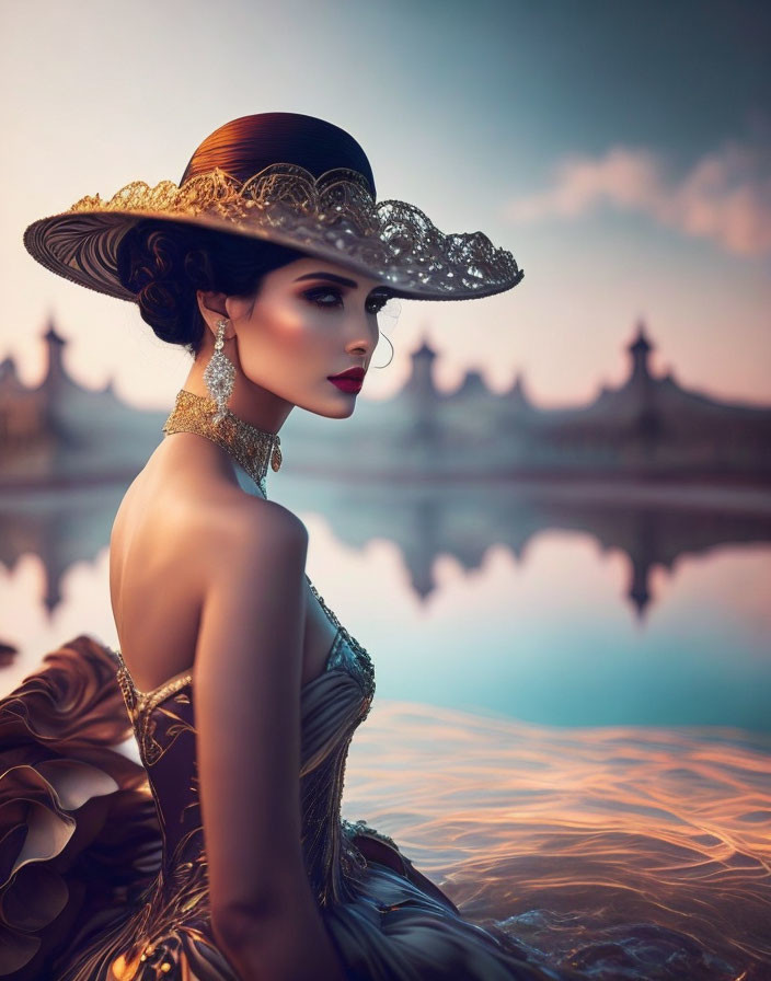 Vintage dress and hat worn by elegant woman at sunset by calm lake.