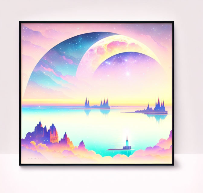 Fantasy landscape poster with moon, stars, castles, and sea.