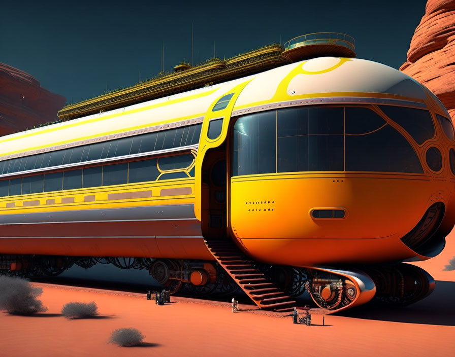 Sleek yellow-orange futuristic train in desert landscape