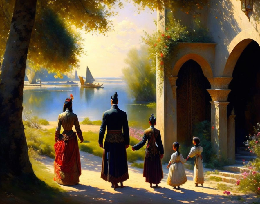 Family holding hands by tranquil lake with boats and archway