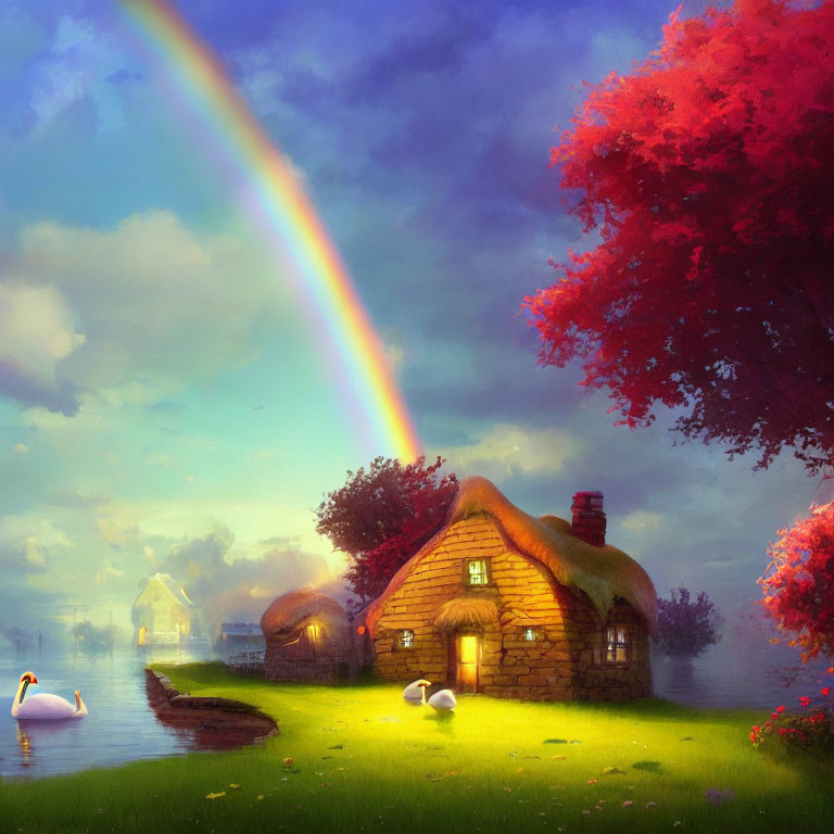 Thatched cottage by a lake with vibrant trees, swans, and rainbow