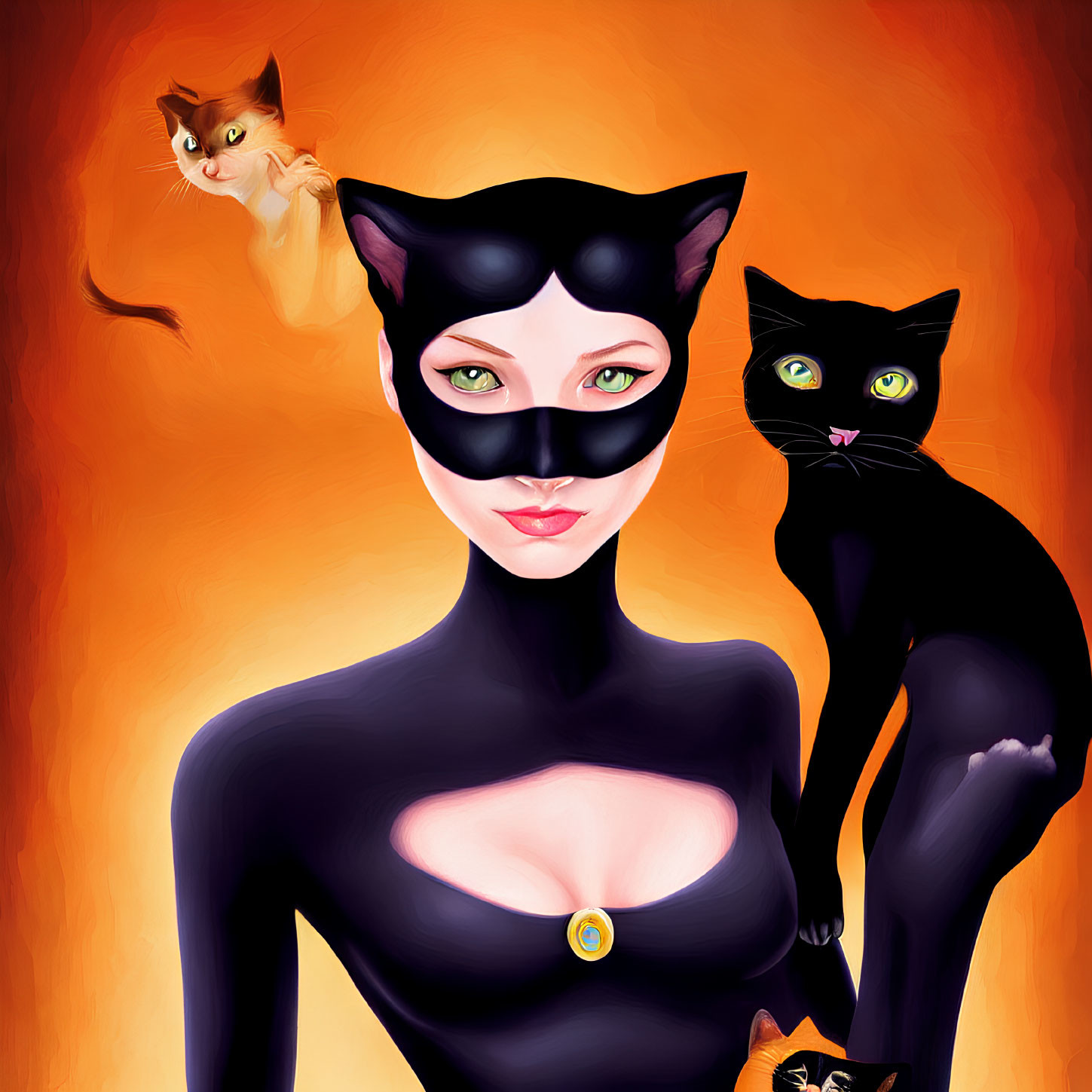 Stylized illustration of woman in black cat costume with cat-eared headpiece and two cats