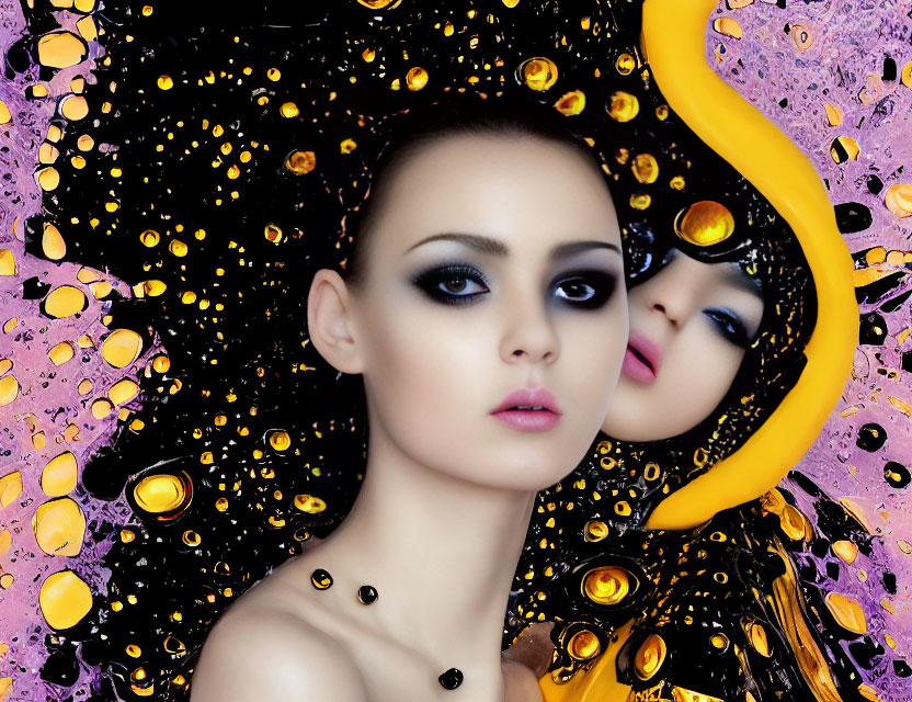 Striking makeup woman in surreal colorful backdrop with golden orbs