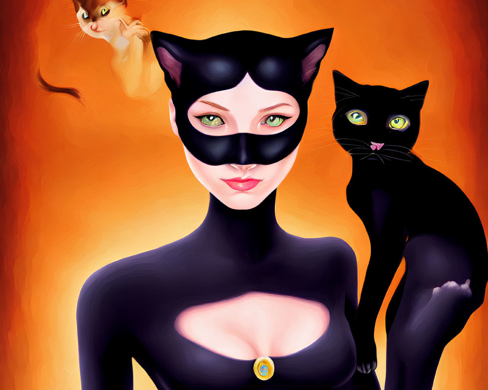 Stylized illustration of woman in black cat costume with cat-eared headpiece and two cats