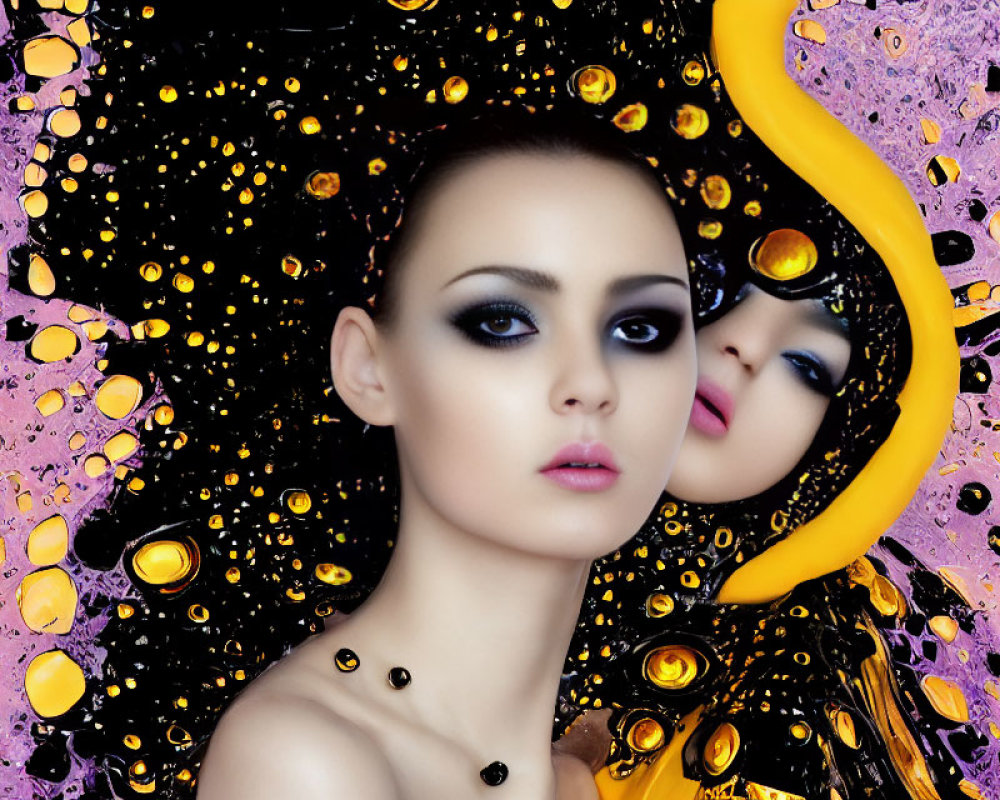 Striking makeup woman in surreal colorful backdrop with golden orbs