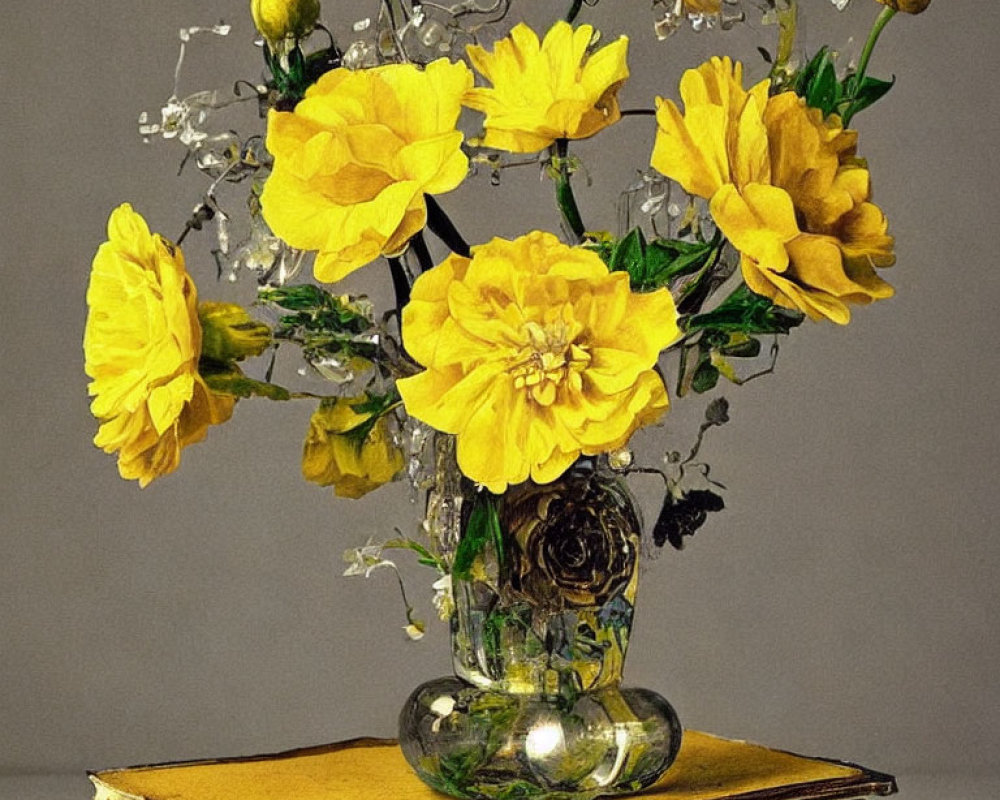 Yellow Roses in Glass Vase on Old Book with Frozen Water Droplets