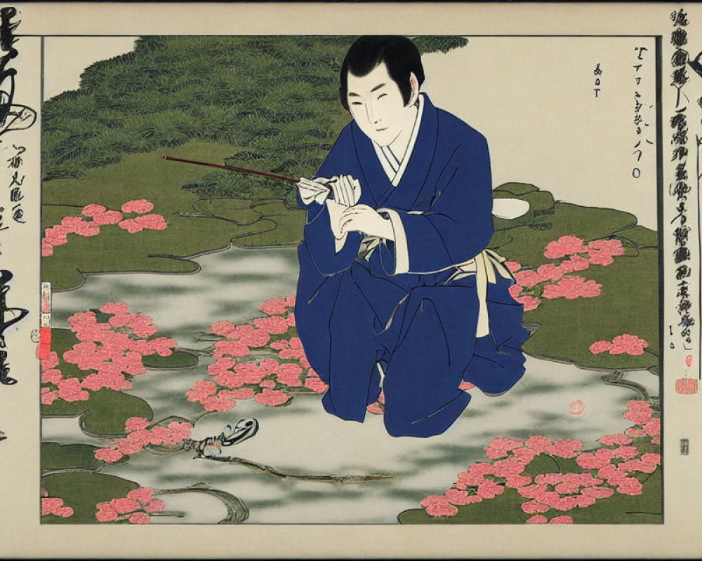 Japanese Woodblock Print: Person in Blue Robe by River with Pink Blossoms