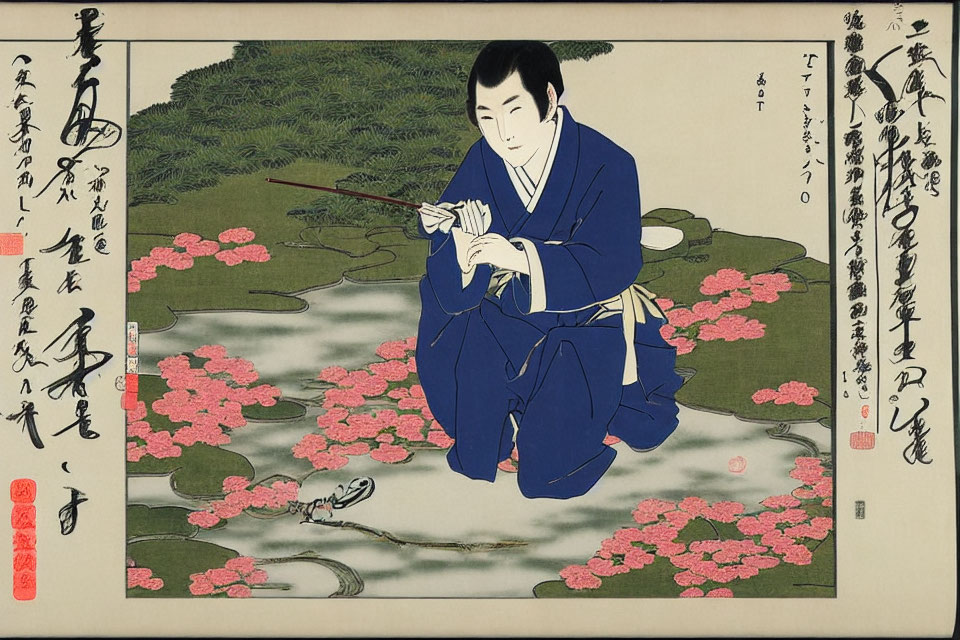 Japanese Woodblock Print: Person in Blue Robe by River with Pink Blossoms