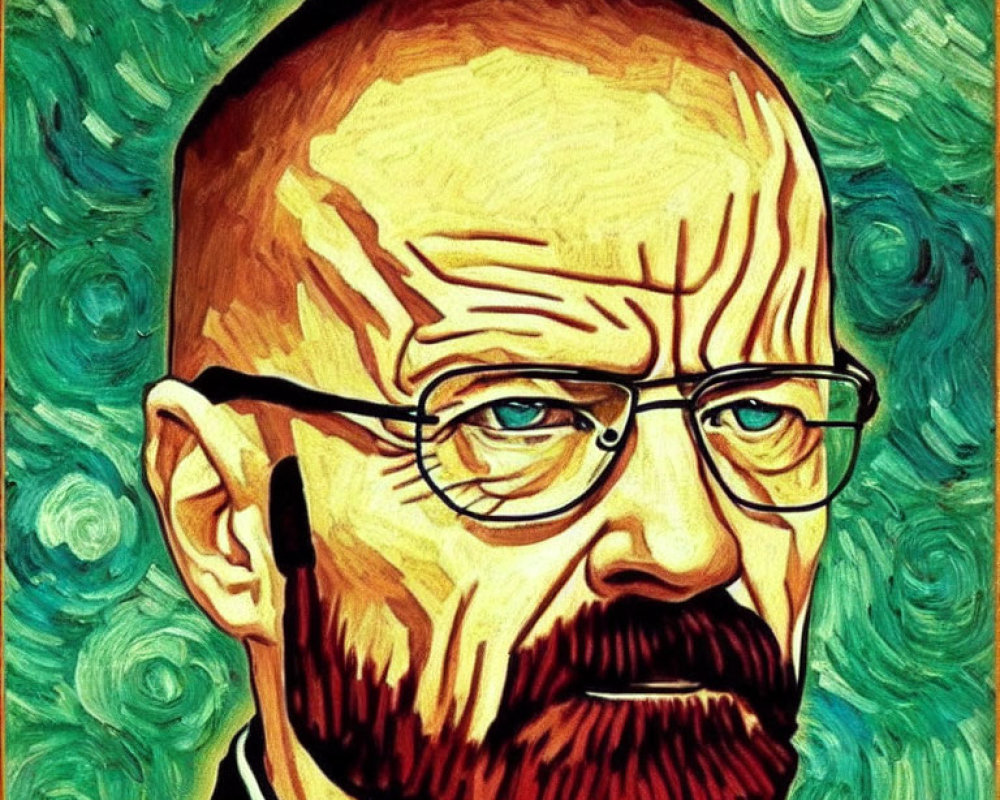 Intense gaze bald man with glasses in Van Gogh style