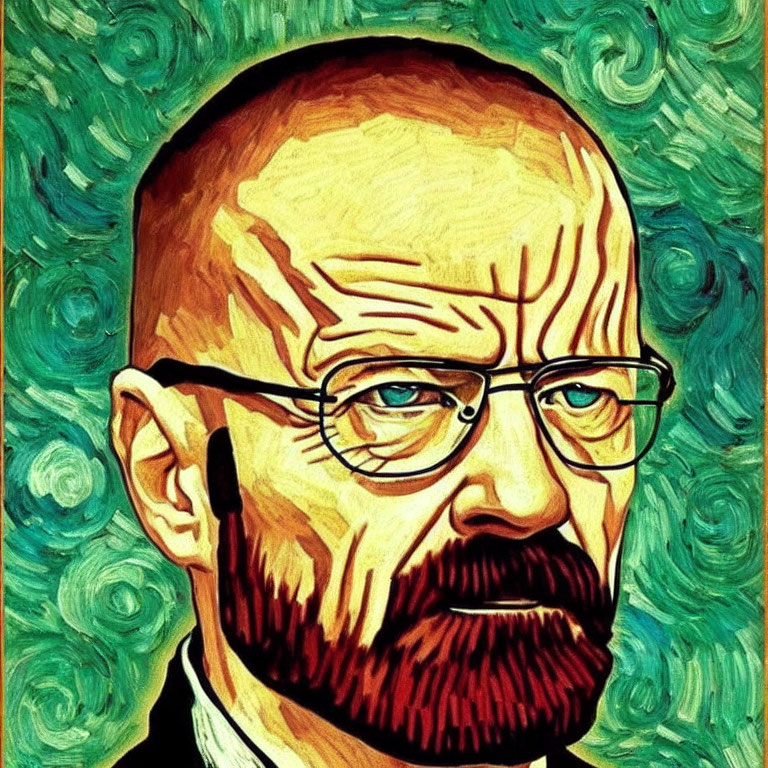 Intense gaze bald man with glasses in Van Gogh style