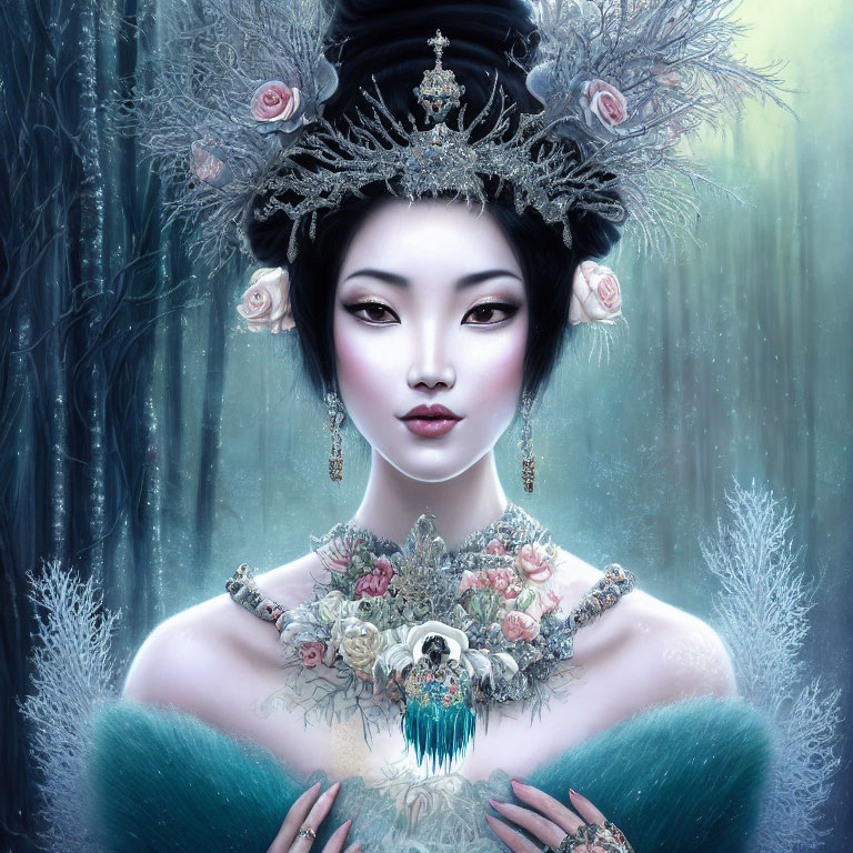 Illustrated portrait of woman with headdress, roses, skull necklace in mystical forest