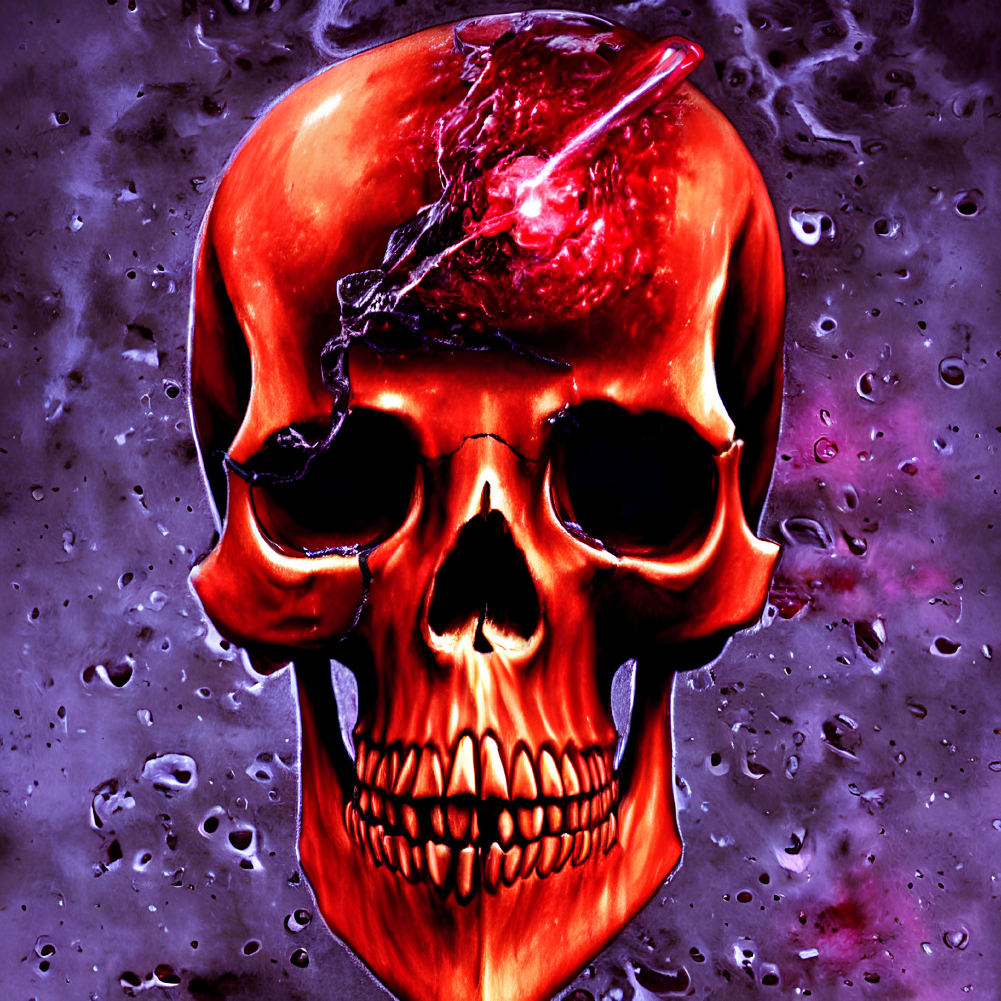 Vibrant red human skull with crack, dark eye sockets, on purple backdrop with water droplets