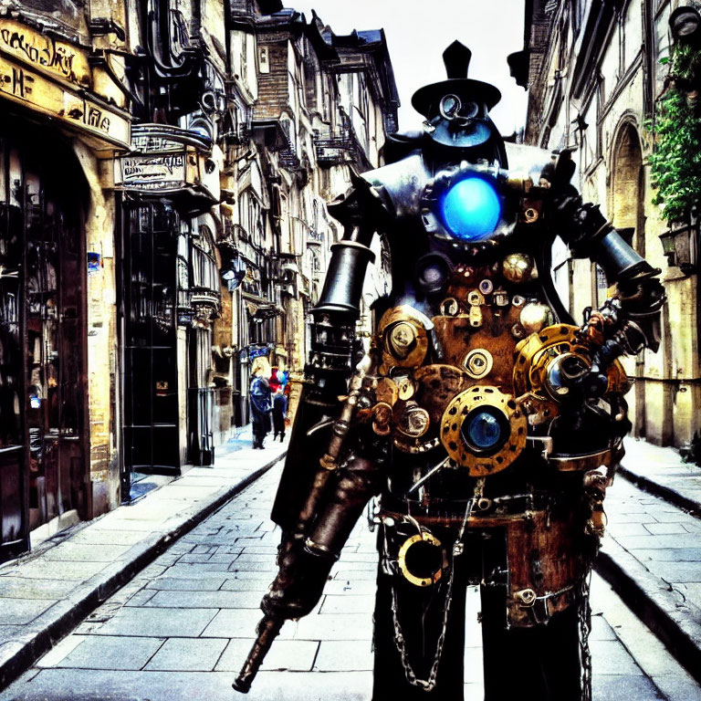 Steampunk-style robot on cobbled street with old buildings