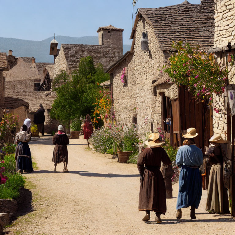 Traditional clothing parade in rustic village with stone buildings and blooming flowers