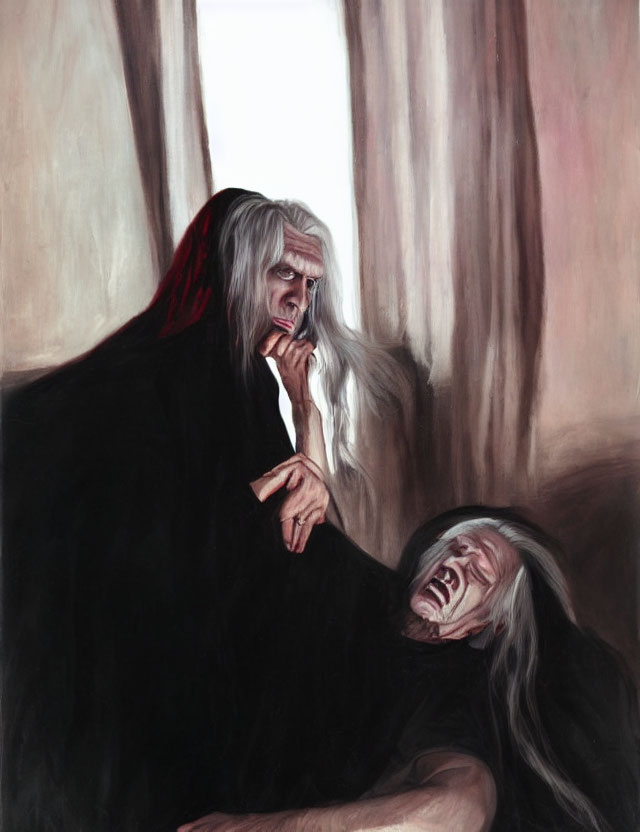 Identical figures with long white hair and black cloaks in contrasting poses