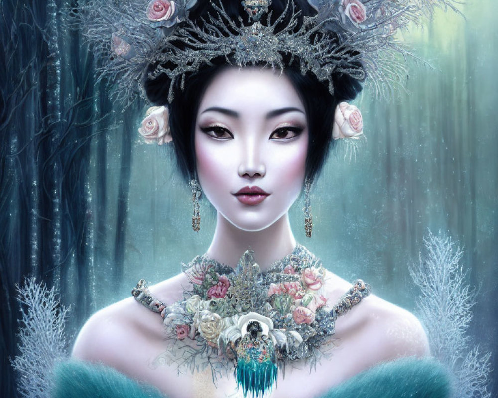 Illustrated portrait of woman with headdress, roses, skull necklace in mystical forest